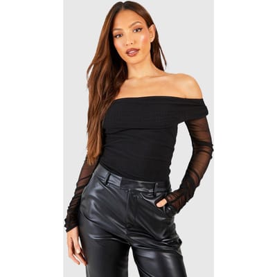 boohoo Dames Tall Off The Shoulder Mesh Bodysuit | Black | Maat: 8