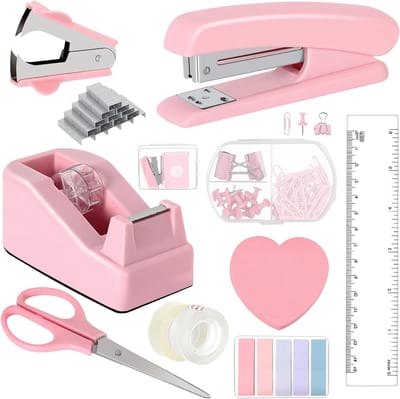 Roze set kantoorbenodigdheden - nietmachine, tape dispenser, studenten, nietverwijderaar, clips, schaar - kantoorbenodigdheden accessoires