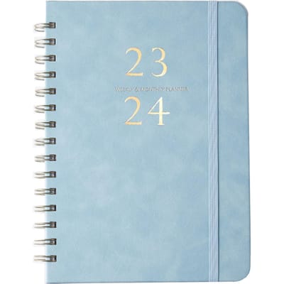 Carnet A5 pour agenda scolaire 2023, carnet d'exercices avec calendrier hebdomadaire quotidien, 160 pages, cahiers d'exercices en spirale bleu clair