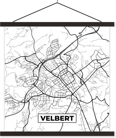 Posterhanger incl. Poster 60x60 cm - Schoolplaat - Velbert - Kaart - Plattegrond - Stadskaart - Textielposter - Zwarte latten - Stadskaart