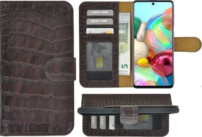 Hoesje Geschikt voor Samsung Galaxy A52 - 5G - Bookcase - Hoesje A52s 5G - Wallet Book Case Echt Leer Croco Chocoladebruin Cover
