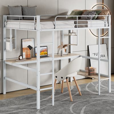Hoogslaper 90x200 - Metalen Bed met Bureau en Boekenrek - Metaal - Wit
