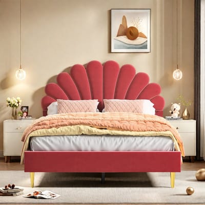 Tweepersoonsbed 140x200 – Rood Fluwelen Gestoffeerd Bed met Bloem Hoofdbord