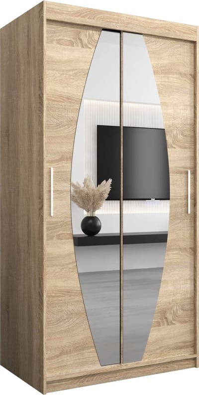 InspireMe - Kledingkast met 2 schuifdeuren, Modern-stijl, Een kledingkast met planken en een spiegel (BxHxD): 100x200x62 - GLOBE 100 Sonoma Eik