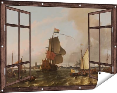 Gards Tuinposter Doorkijk Het Oorlogsschip Brielle op de Maas voor Rotterdam - Ludolf Bakhuysen - 120x80 cm - Tuindoek - Tuindecoratie - Wanddecoratie buiten - Tuinschilderij