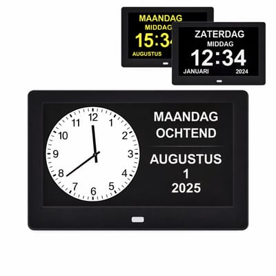 Dementieklok Analoog en Digitaal – Kalenderklok met datum en dag – met Medicijnalarm - Alzheimer klok – seniorenklok voor ouderen – 10 Inch - Zwart