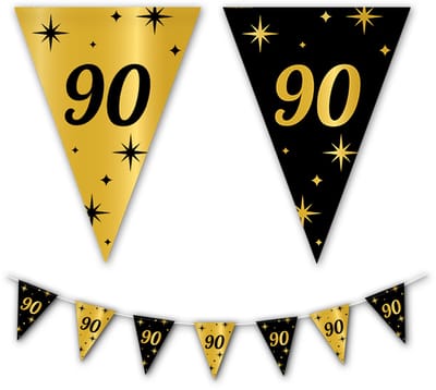 BTH - Slingers - 90 Jaar - Goud en Zwart - Slingers Verjaardag - Vlaggenlijn - 90 Jaar versiering Verjaardag - Versiering