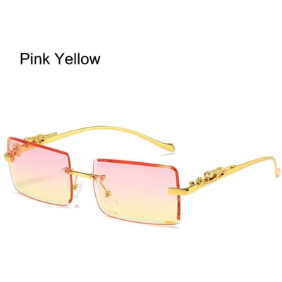 Metalen Cheetah Decor Rechthoekige Zonnebril Mode Randloos Kleurrijk UV400 Brillen Oceaan Lens Zonnebrillen voor Vrouwen & Mannen Pink Yellow beige