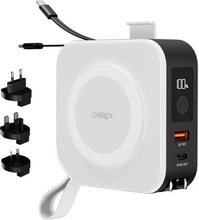 CHEROY ChargePack Multi - 5 in 1 Travel Power Bank - 10.000mAh Draadloze Oplader - Wereldstekker - Reisstekker - 22.5W Snellader - Geschikt voor MagSafe - Wit