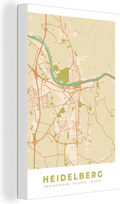 Canvas Schilderij Heidelberg - Plattegrond - Kaart - Vintage - Stadskaart - 20x30 cm - Wanddecoratie