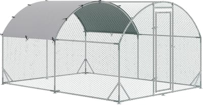 Merax Kippenren Buiten 280x380x197 cm – Grote Kippenkooi met UV-bestendige Overkapping – Dierenren voor 6 tot 12 Kippen en Kleindieren – Verzinkt Staal – Zilver