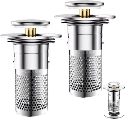 Set van 2 Wasbakafvoerstoppers voor 34-40 mm Afvoer, RVS Filter met Haarzeef, Pop-Up Afvoerstop voor Douche en Vloerafvoer, Snelle Afvoeroplossing