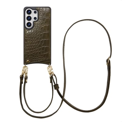 Selencia Hoesje - Geschikt voor Samsung Galaxy S26 Ultra - Croco Backcover met koord en pashouder - Dark Olive