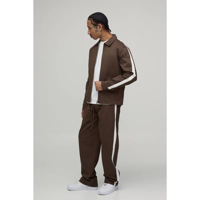 Twill Contrast Tape Regular Zip Up Overshirt & Relaxed Chino Set | Chocolate | Size Small