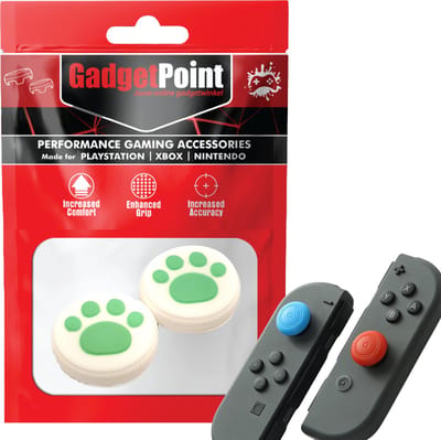 Gadgetpoint - Thumb Grips voor Nintendo Switch Joy-Con Controllers - Gaming Thumbgrips - Performance Anti-Slip Thumbsticks - Bescherming Accessoires - Pootjes - Wit met Groen