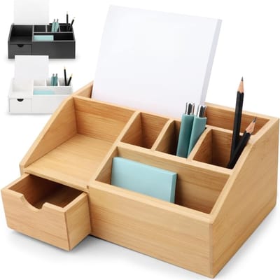 Famanu – Bamboe bureau-organizer van hout met lade – pennenbox + opbergruimte – voor thuiskantoor