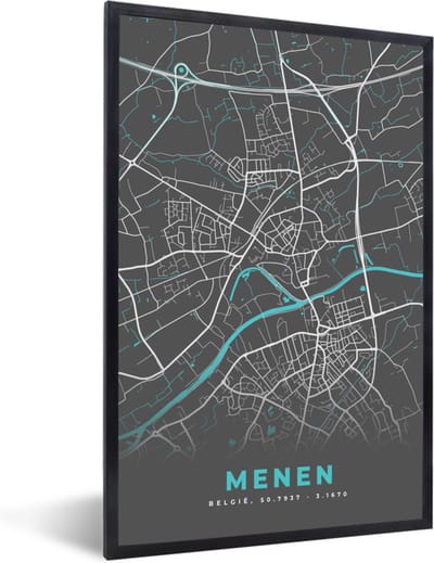 Fotolijst incl. Poster - België – Menen – Stadskaart – Kaart – Blauw – Plattegrond - 40x60 cm - Posterlijst