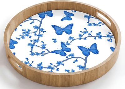 Dienblad rond 40x40 cm - Schootdienblad hout - Vlinder - Bloemen - Blauw - Borrelplank rechthoek - Plateau houten dienbladen