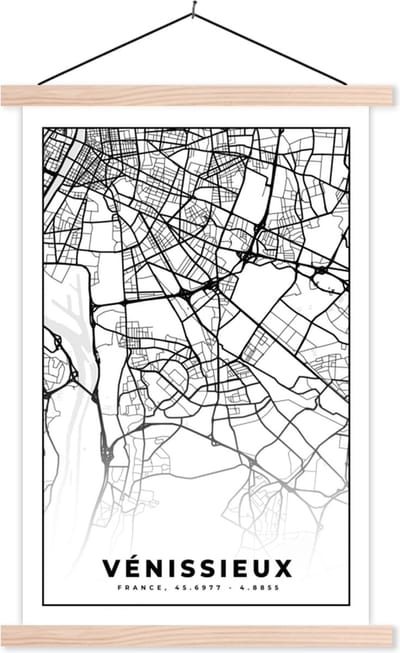 Posterhanger incl. Poster 40x60 cm - Schoolplaat - Vénissieux - Plattegrond - Kaart - Frankrijk - Stadskaart - Zwart wit - Textielposter - Blanke latten - Stadskaart