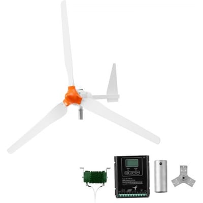 VEVOR 1500W 24V horizontale windturbine met hybride wind- en zonne-energiecontroller, 3 rotorbladen, 3-fasen wisselstroom, IP67-bescherming en overlaadbeveiliging, MPPT- en PWM-hybride controller, windturbine voor woningen, campers en boten.