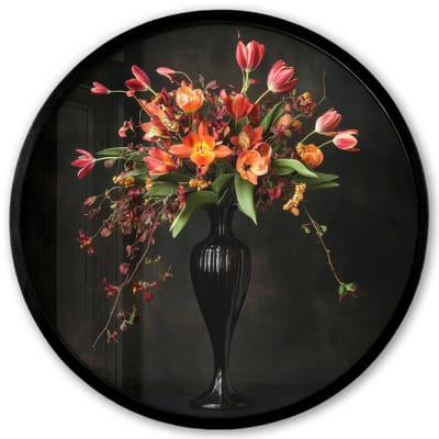 Poster in lijst Rond - Fotolijst 40x40 cm - Posters - Sierlijk - Boeket - Vaas - Ronde posterlijst zwart - Decoratie - Wanddecoratie woonkamer - Muurdecoratie slaapkamer