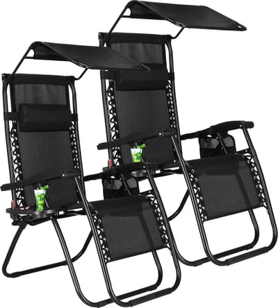 Springos Tuinstoelen | Ligstoel | Opvouwbaar | Verstelbaar | Inclusief Hoofdsteun en Luifel | Zwart