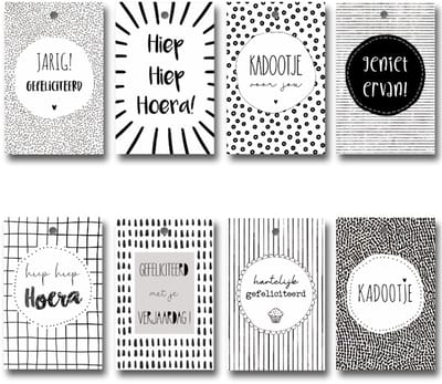 8x Cadeaulabels Verjaardag / Labels van karton | 85 x 55 mm | zwart & wit | Jarig / Hoera / Gefeliciteerd / Kadootje