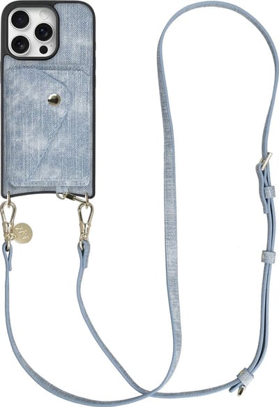 AVY Hoesje geschikt voor Apple iPhone 16 Pro Max | Met Koord en Kaarthouder | Compatibel met MagSafe | Kunstleren Case met Crossbody Koord & Wallet | Long Denim | Denim