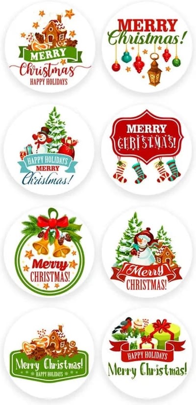 40 Kerst Stickers / Merry Christmas - Tekst Merry Christmas Sokken Sneeuwpop Cadeautjes Bellen Huisje - Groen Rood Wit Bruin - Doorsnede 2,5 cm - Nummer 13