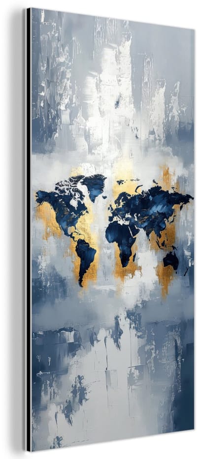 Aluminium schilderij 80x160 cm - Wanddecoratie metaal - Wereldkaart - Blauw - Abstract - Metalen muurdecoratie woonkamer - Decoratie industrieel - Foto op dibond - Industriële accessoires slaapkamer