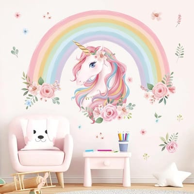 Famanu – Grote Regenboog Muurstickers Eenhoorn Bloem Peel and Stick Muurkunst Stickers kamer