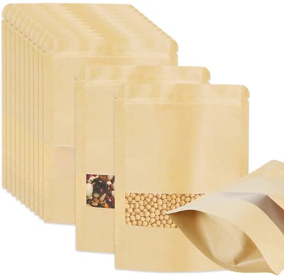 Dailygoods- Papieren Zakken 50 Stuks - Bruine Zakjes met Venster - Herbruikbare Staande Bodemzakken - Milieuvriendelijk Kraftpapier - Geschikt voor Snoep/Noten/Koffiebonen - Verpakkingszakken