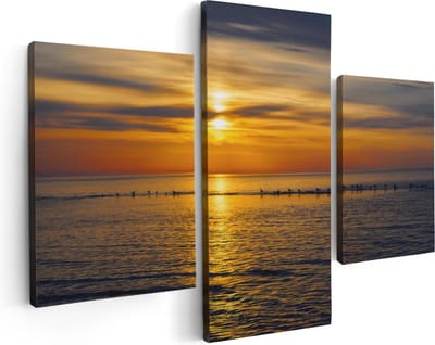 Artaza Canvas Schilderij Drieluik Zonsondergang In De Zee - 90x60 cm - Wanddecoratie Woonkamer - Schilderijen - Muurdecoratie