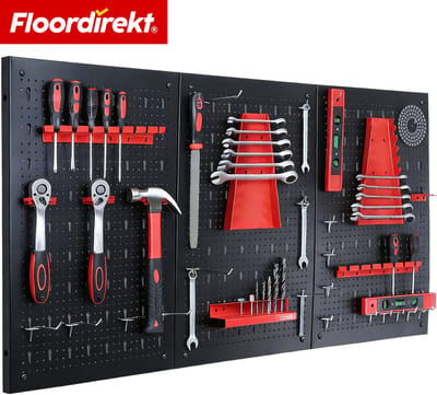 Floordirekt Gereedschapswand Parker - Metalen Gatenwand Set met Accessoires - Zwart/Rood - 3-Delig - Praktische Gereedschapshouder voor Werkplaats & Garage - Stevig, Overzichtelijk & Ruimtebesparend