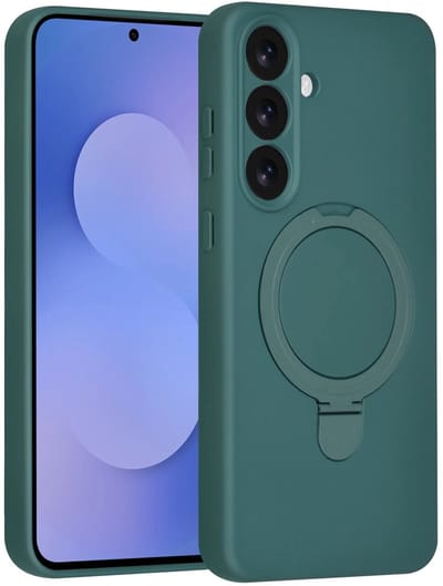 Backcover Hoesje Geschikt voor: Samsung Galaxy S25 Volledig Dekkende Schokbestendige Siliconen Backcover met Ringstandaard – 360° Bescherming - DonkerGroen