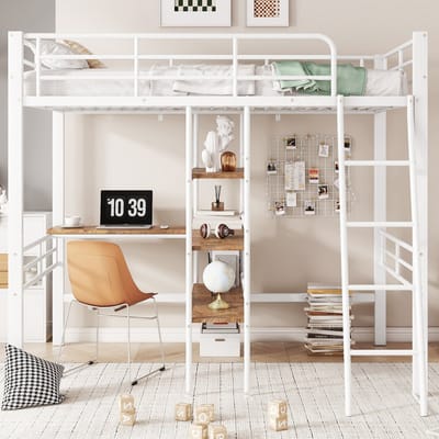 Hoogslaper - 90x200 cm - zonder matras - bed met bureau - meerdere planken - reling - ladder - wit