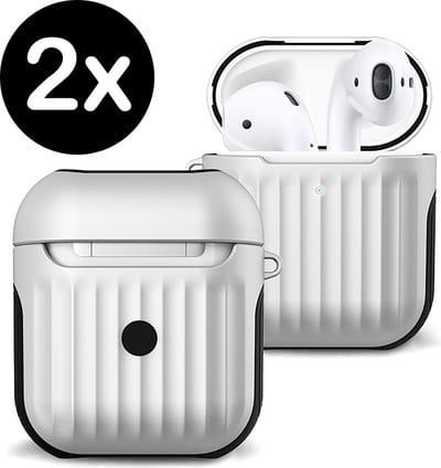 Case Geschikt voor AirPods 1 Hoesje Hoes Hard Cover Ribbels - Hoesje Geschikt voor Apple Airpods 1 Case Met Ribbels - Wit - 2 PACK