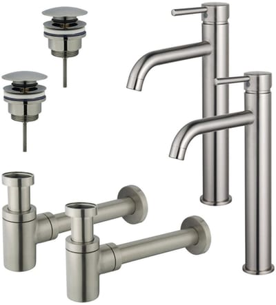 FugaFlow Eccelente Sobrado Badkamer Wastafelkraanset - voor dubbele wastafel - verhoogde wastafelkraan - klikwaste plug - verlaagde design sifon - PVD Geborsteld RVS