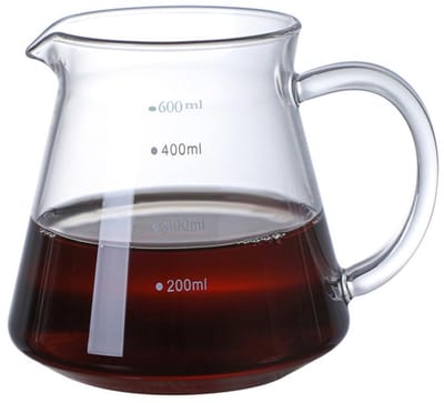 Koffiepot van glas, voor koffieserver, hittebestendig borosilicaatglas, karaf met V-tuit en ergonomische handgreep, 600 ml, handmatig geblazen theepot voor koffie en thee, transparant