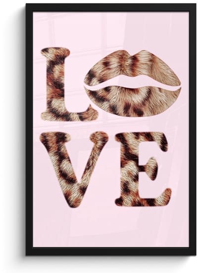Poster in lijst - Fotolijst 40x60 cm - Posters - Tekst - Love - Pantervacht - Lichtroze - Posterlijst zwart - Decoratie - Wanddecoratie woonkamer - Muurdecoratie slaapkamer