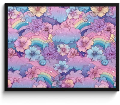 Poster in lijst - Fotolijst 80x60 cm - Posters - Regenbogen - Bloemen - Kleurrijk - Wolken - Posterlijst zwart - Decoratie - Wanddecoratie woonkamer - Muurdecoratie slaapkamer