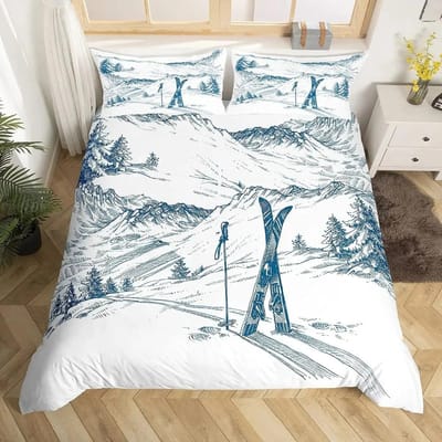 Ski Sport Dekbedovertrek Set Volledige Maat Wintersport Skiën Beddengoed Sets Sneeuwberg Landschap Dekbedovertrek voor Jongens Meisjes AU Single(140*210cm)3pcs