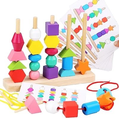 Montessori houten kralen speelgoed voor peuters, houten stapel- en volgordespeelgoedset, rijgkralen met bijpassende vorm en kleuren speelgoed voor kinderen van 2, 3, 4 en 5 jaar oud, jongens en meisjes, leerzaam speelgoed voor kleuters
