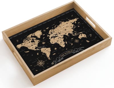 Dienblad hout 40x30 cm - Schootdienblad - Wereldkaart - Beige - Zwart - Borrelplank rechthoek - Plateau dienbladen