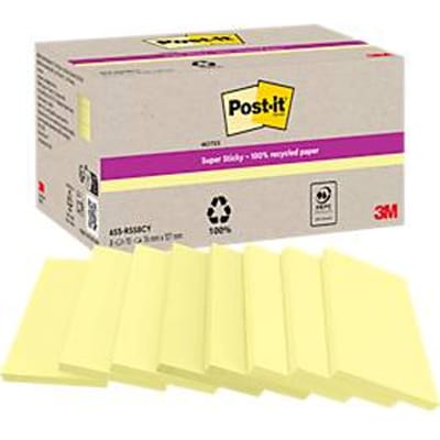 Post-it Super Sticky Recycling Notes 655-RSS8CY, 76x76 mm, extra sterke kleefkracht voor muren/deuren, 100% gerecycled papier, PEFC RECYCELT, oplosmiddelvrije lijm