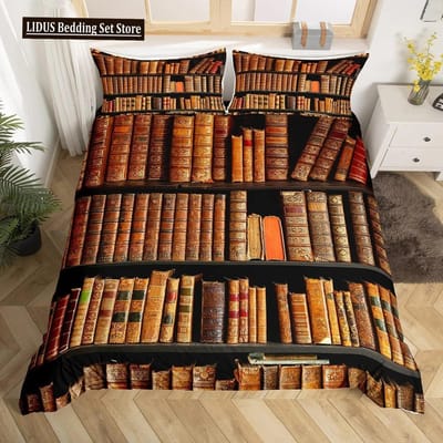 Boekenliefhebbers Cadeau Dekbedovertrek Set Volledige Maat, Lezers en Literair Liefhebber Beddengoed Sets, Vintage Bibliothecarissen Boekenplank Dekbedovertrek 70x133cm 2pcs