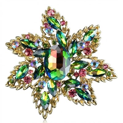 Groenkleurige bloem broche dames – metalen broche met grote bloemvorm en facet geslepen multicolor steentjes – decoratieve speld in vintage stijl voor sjaal, jas of kledingaccessoire