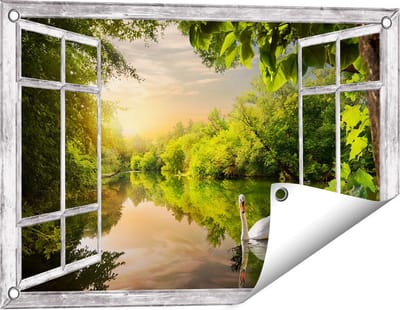 Gards Tuinposter Doorkijk Zwaan op het Water in het Bos - 60x40 cm - Tuindoek - Tuindecoratie - Wanddecoratie buiten - Tuinschilderij