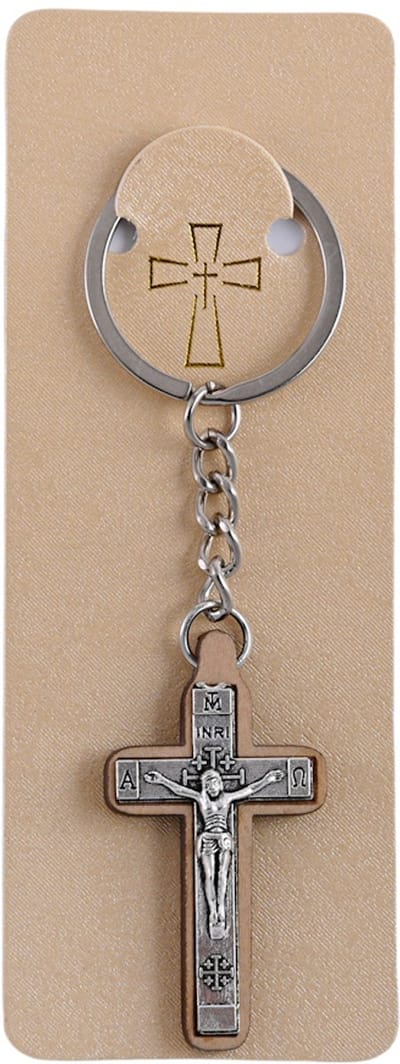 Decopatent - Sleutelhanger Houten Kruis Jezus - Religieuze Keychain with Cross - Christelijk Houten kerk Kruisje - Religie - Faith - Kruizen - Hout / Metaal - Christendom