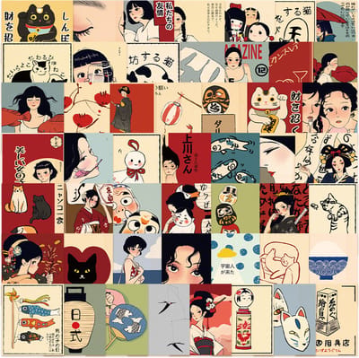 Japans Sticker Pakket - 50 Stickers met Japanse Cultuur, Geisha, Koi Karpers, Lucky Cat etc. - Laptopstickers voor volwassenen